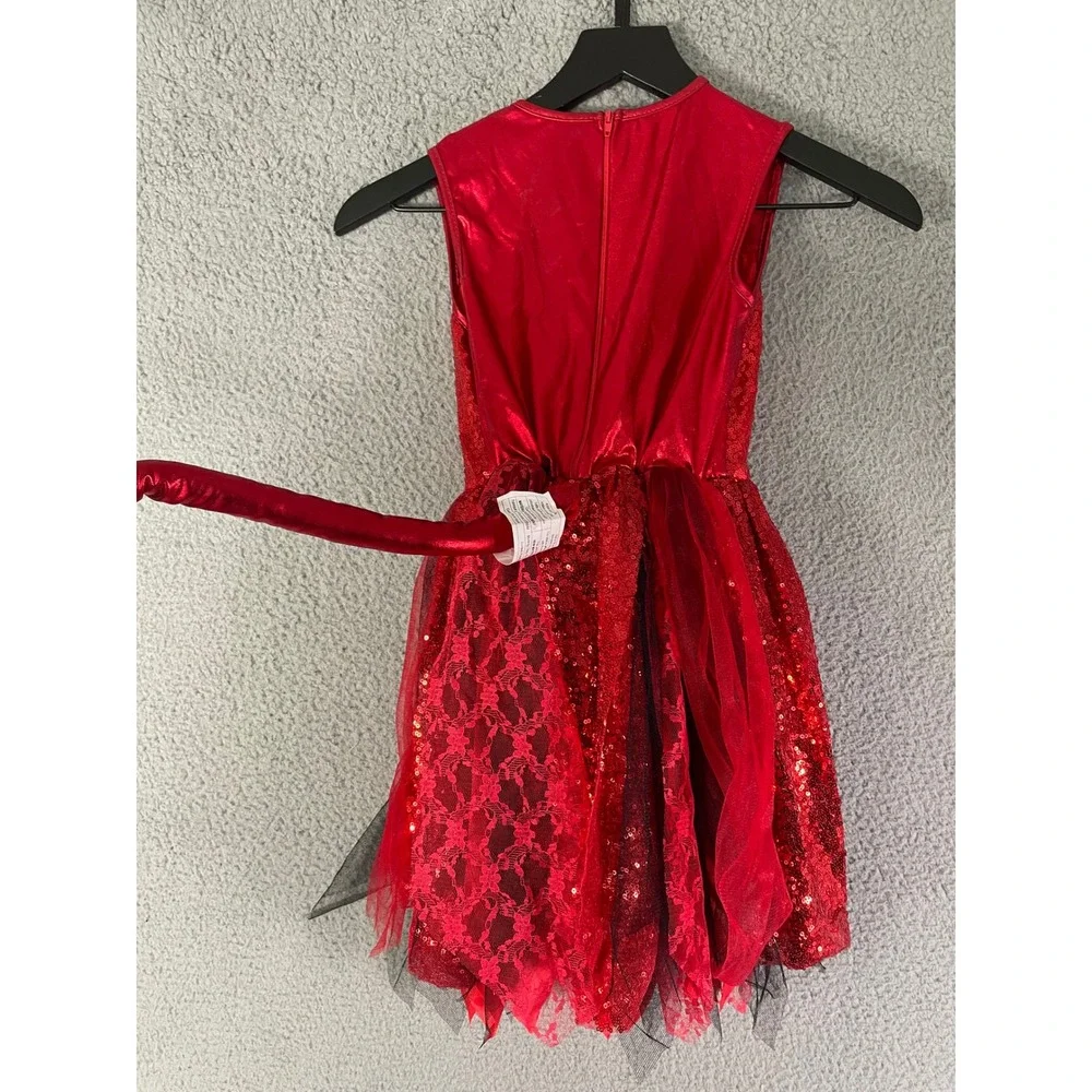 Spirit Halloween Girls Red Devil Costume Dress‎ Size S Sparkle Lace Tail
